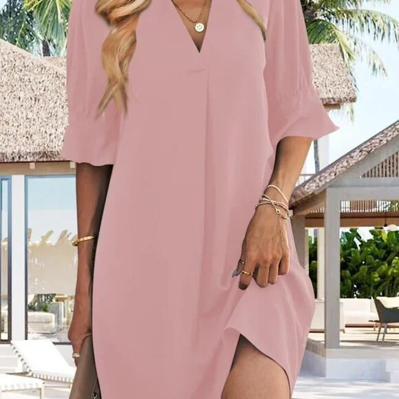 Shift Dress for Women V Neck Short Sleeves Solid Color Casual Flowy Summer Dress - Picture 2 of 7